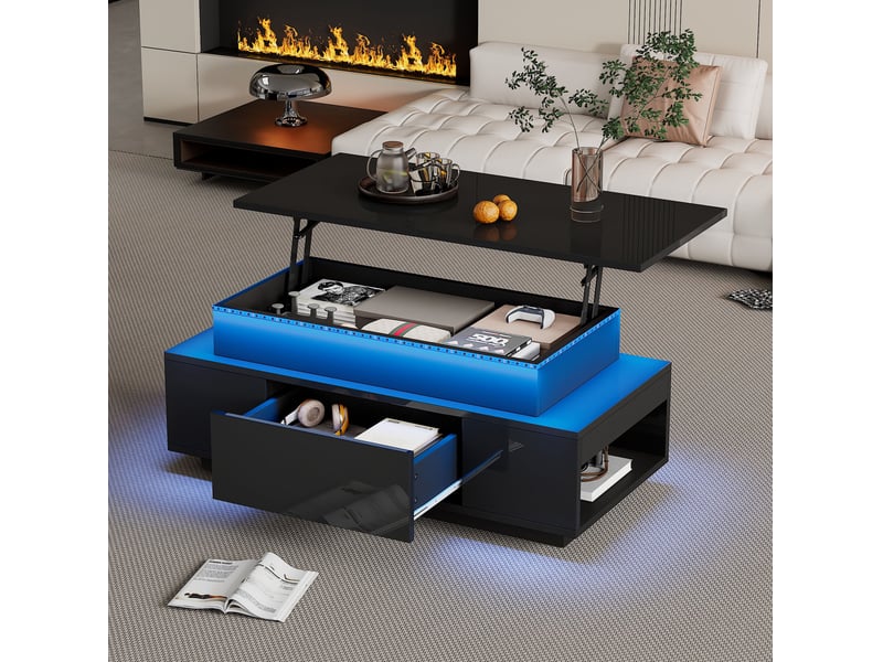  Table basse relevable 96x45x40 cm noire brillante avec led et rangement  - Conforama B