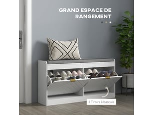 Banc à chaussures, banc de rangement, assise rembourrée, tiroir rabattable, blanc, porte avec motif 106 x 24 x 52,5 cm