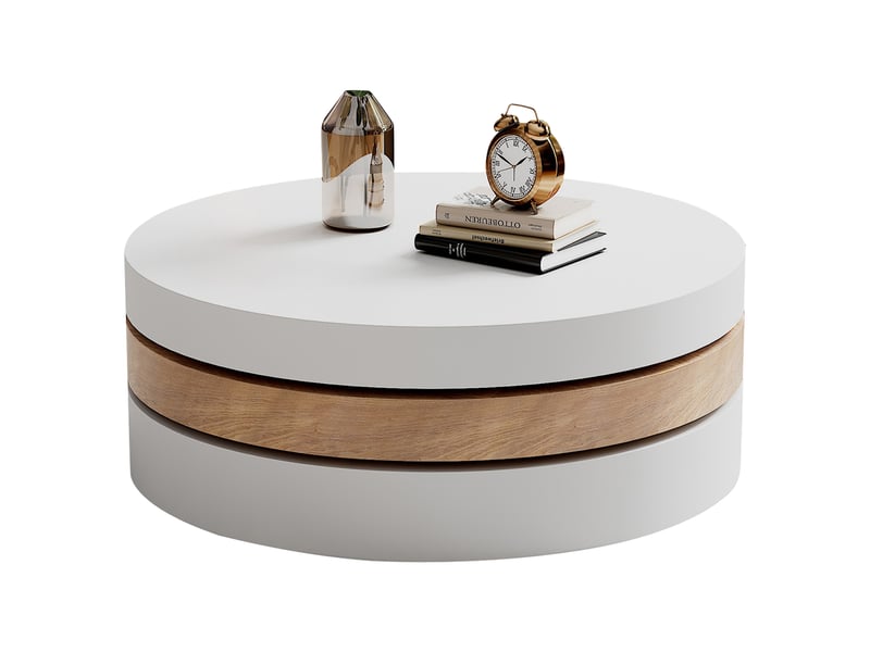  Table basse cylindrique, plateau pivotant à 360°, table de salon pivotante, console à trois niveaux, trois étagères, charge maximale recommandée 30 kg, en bois d'osier avec espace de rangement  - Conforama A