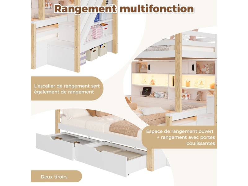 Lit superposé 2 places 90 x 200 cm avec led, usbtype-c et escalier de rangement, lit enfant en pin blanc naturel avec portes coulissantes - Conforama E