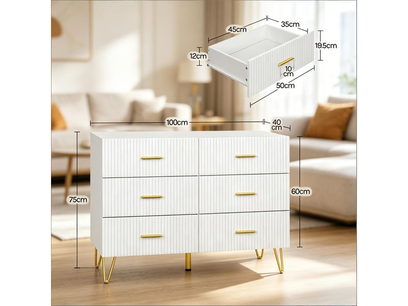  Commode avec 6 tiroirs en panneau de particules blanc et doré 100x40x75 cm  - Conforama C