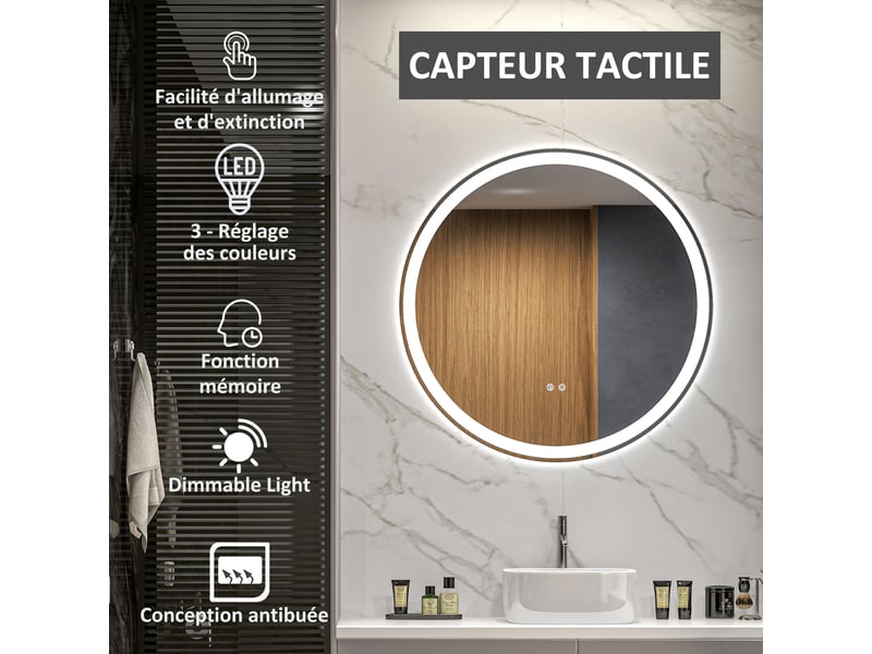 Miroir rond lumineux led de salle de bain 80 cm mural avec éclairage 3 couleurs tactile interrupteur 46w blanc argent - Conforama E