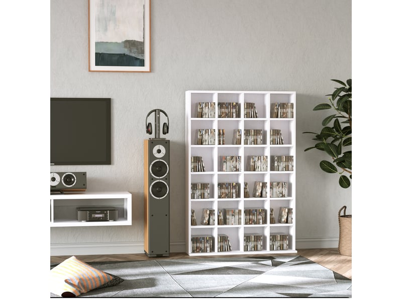  Bibliothèque à cd à 24 niveaux, hauteur réglable, en bois, 130,5 x 89 x 20 cm, blanche  - Conforama C