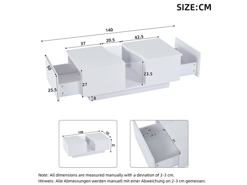  Table basse led 100x50x35 cm 2 tiroirs mdf blanche  - Conforama C