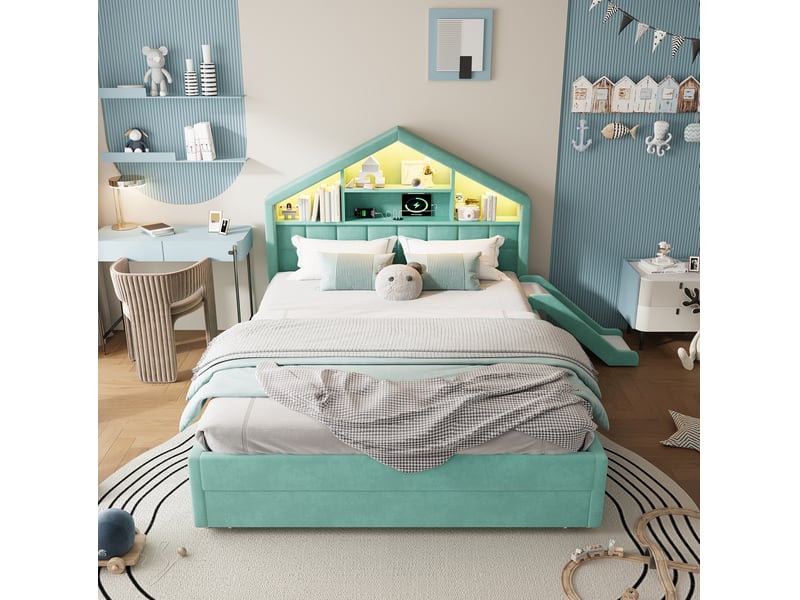 Lit cabane enfant 140 x 200 cm bleu-vert en velours, avec toboggan réversible et rangement en pied de lit - Conforama B