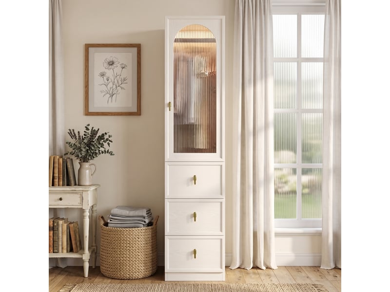  Armoire penderie étroite blanche 45x48x200 cm avec éclairage led, 1 porte en verre cannelé et 3 tiroirs  - Conforama E