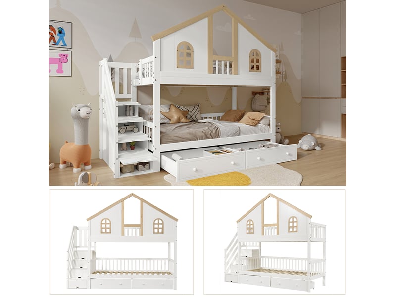  Lit superposé enfant 90x200 cm en bois blanc et bois clair avec escalier de rangement, tiroirs et fenêtres, sans matelas  - Conforama D