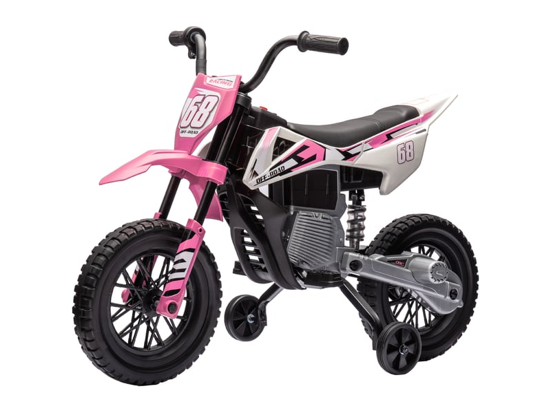  Moto électrique pour enfant moto cross pour enfants de 3 à 6 ans 2 moteurs 12v vitesse 5 kmh 109,5x60x72,5cm rose  - Conforama B