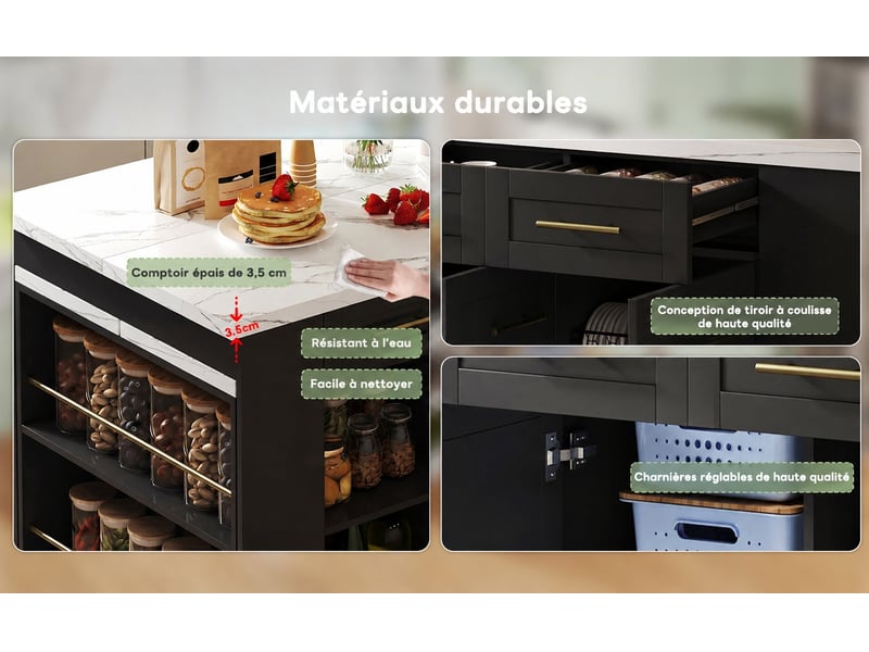  Îlot de cuisine avec table escamotable muvano, noir et effet marbre blanc, 150 × 90 × 90 cm  - Conforama D