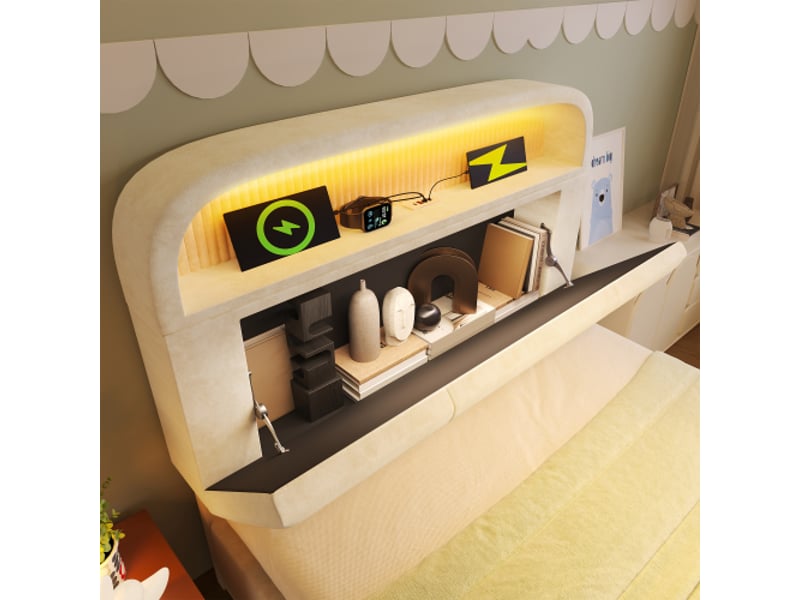 Lit coffre 90x200 cm, lit enfant, avec éclairage led, ports usb-type-c, velours, sans matelas, sans fond, beige  - Conforama E