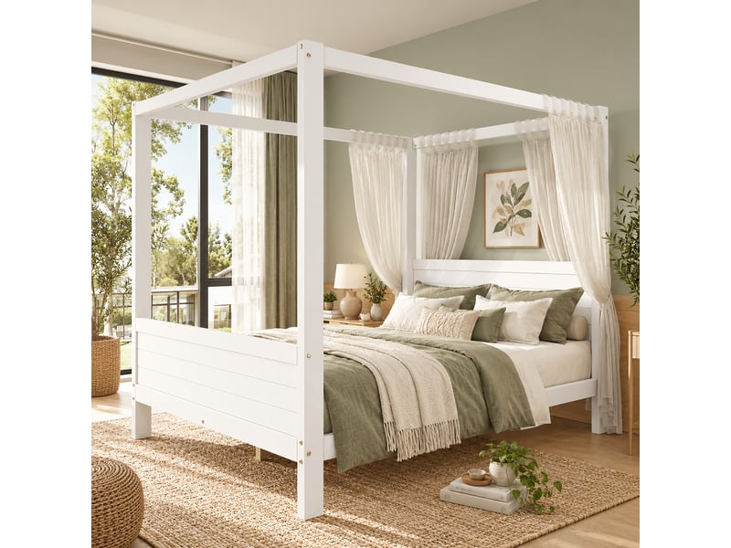  Lit cabane double 140 x 200 cm en bois et mdf blanc avec structure personnalisable, tête de lit surélevée et rangement sous le lit sans matelas  - Conforama B
