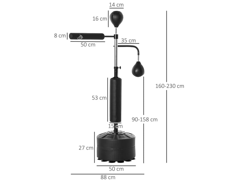 Sac de frappe sur pied 4 en 1, 2 balles de vitesse, barre rotative 360°, hauteur 160-230 cm réglable, adulte, boxe muay thaï taekwondo, noir - Conforama E