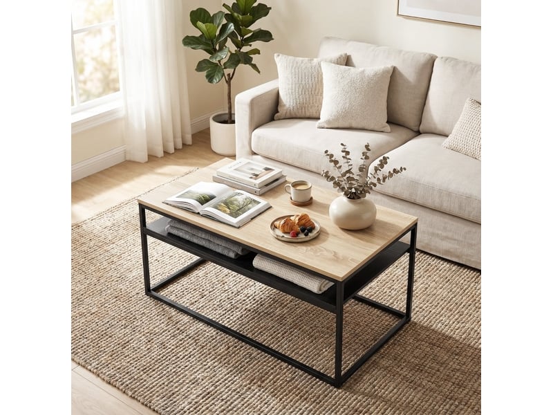  Table basse avec étagère ouverte et pieds réglables, style industriel, chêne et noir 100 × 59,8 × 47 cm  - Conforama D