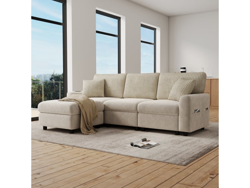  Canapé d'angle gauche fixe 4 places tissu beige avec coffre de rangement  - Conforama E