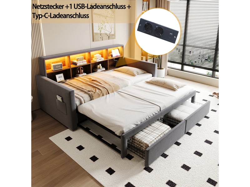  Lit canapé extensible velours gris foncé 90/180x190 cm avec 2 tiroirs, led et usb  - Conforama D