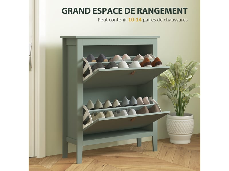  Meuble à chaussures 14 paires, armoire à chaussures avec 2 tiroirs rabattables, étagères amovibles et réglables, vert  - Conforama D