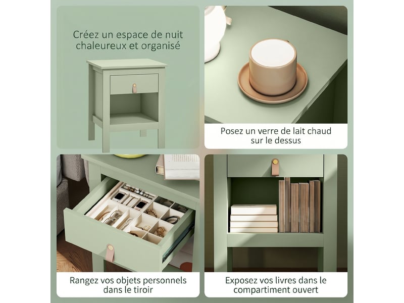 Lot de 2 tables de chevet avec tiroir et compartiment ouvert, vert, 45 x 40 x 55 cm  - Conforama E