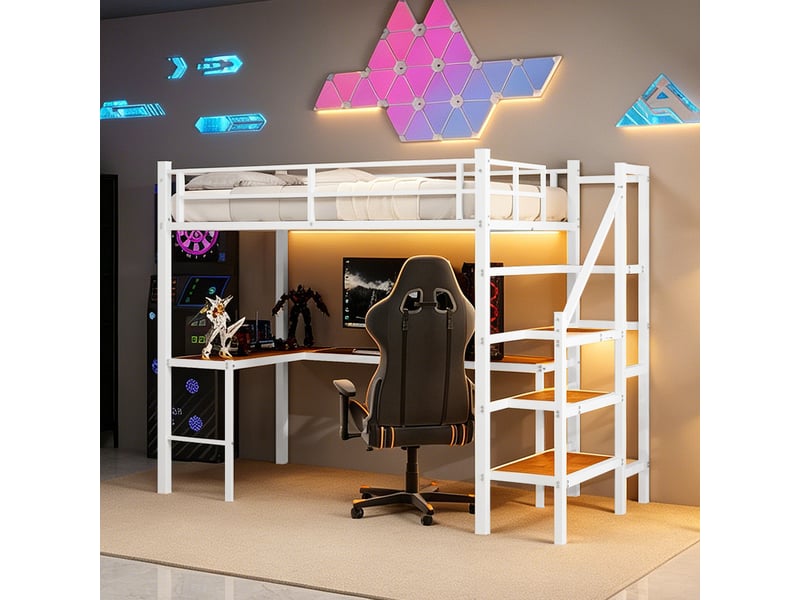 Lit mezzanine 90x190 cm avec bureau en l, cadre de lit adulte, lit 1 personne lit adulte, blanc - Conforama D