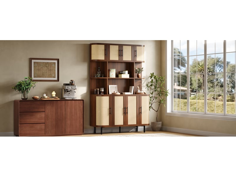  Buffet de rangement - armoire hautebuffet avec façade en rotin, 8 portes, structure en mdf, poignée noire, pieds en fer, noyer  - Conforama W