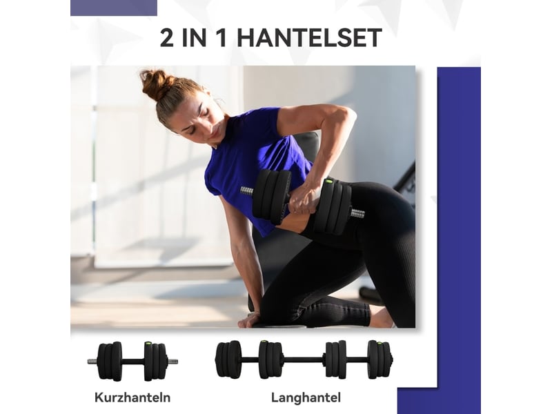 Set d'haltères 2-en-1 réglable 20 kg noir et vert, avec barre longue, pour varier vos exercices à domicile - Conforama E