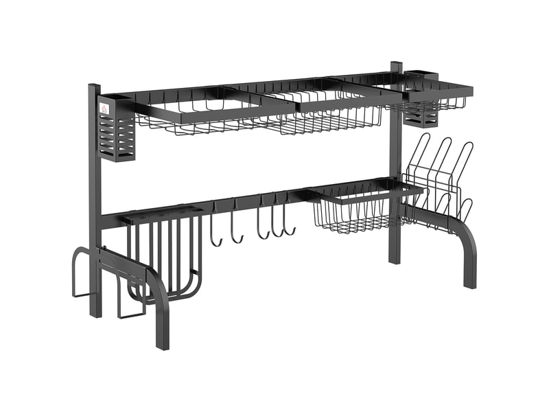 Égouttoir à vaisselle à 2 niveaux en acier inoxydable avec planche à découper et porte-couverts, 100 x 30 x 52,5 cm, noir  - Conforama A