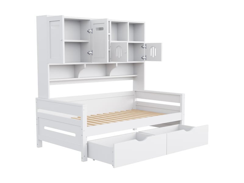 Lit coffre 90x200 cm avec rangements, 2 tiroirs, pin blanc, sans matelas - Conforama E