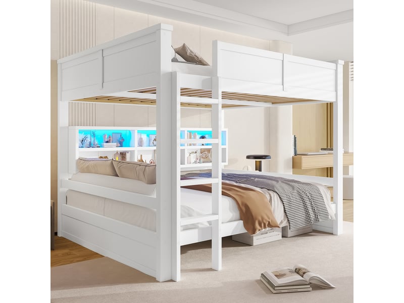 Lit superposé 160x200 cm blanc, avec 6 rangements, led, structure bois, sommier inclus, sans matelas - Conforama R
