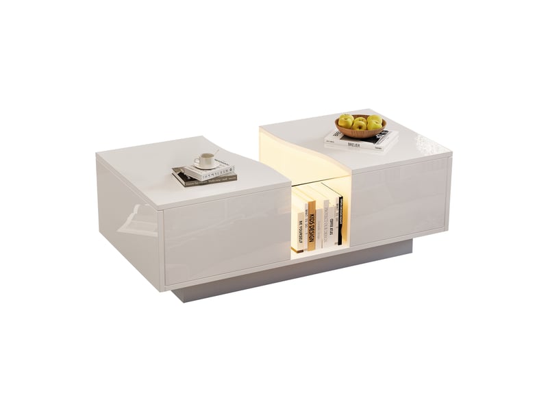  Table basse led blanche 100x50x35 cm avec 2 tiroirs de rangement, table de salon moderne haute brillance et plateau en acrylique  - Conforama A