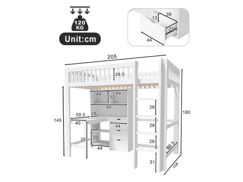 Lit mezzanine adulte 90x200 cm blanc | bureau, 3 tiroirs et rangements, sans matelas WX000342AAK - Conforama C