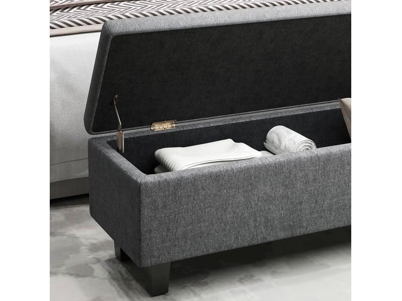  Banc coffre 138x40x45 cm, rangement sous assise, tissu aspect lin, meuble chambre et salon, pieds en bois, gris foncé  - Conforama E