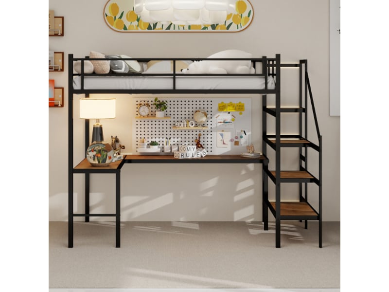  Lit mezzanine avec bureau, étagères, tiroir et rangement ouvert, en métal noir, sans matelas  - Conforama B