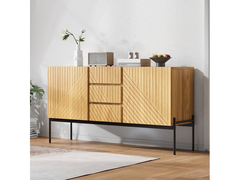  Meuble tv avec 2 portes, 3 tiroirs et pieds en métal, naturel, 140 x 40 x 75 cm  - Conforama C