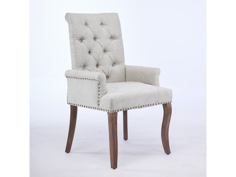  Chaise de salle à manger en chenille beige avec accoudoirs, dossier haut capitonné, pieds courbés en bois massif, assise rembourrée, style classique  - Conforama C