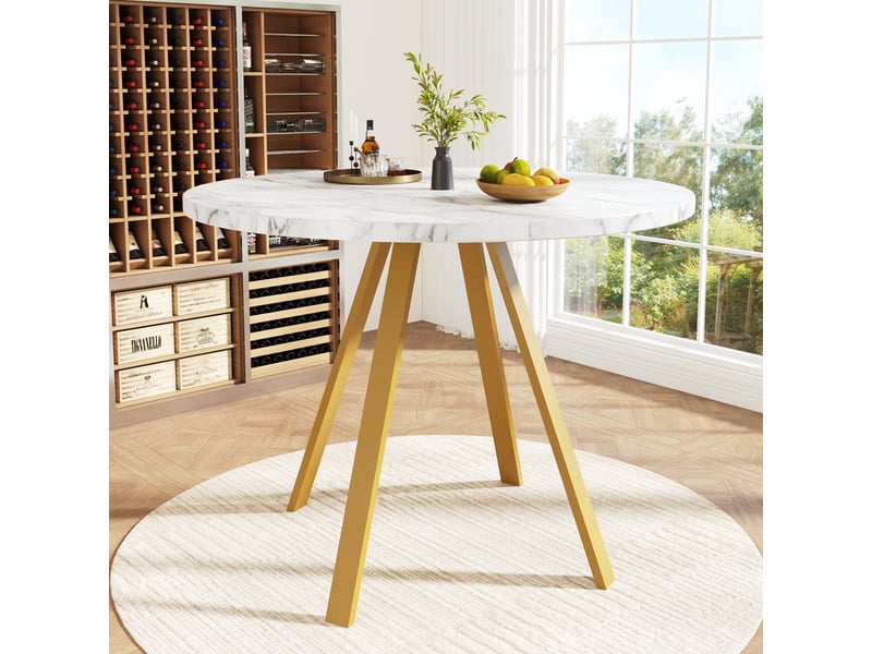  Table à manger ronde 80cm - motif marbre blanc - pieds métal dorés &amp;plateau mdf facile à nettoyer - pour 4 personnes - gain de place 80x80x75cm - Conforama A