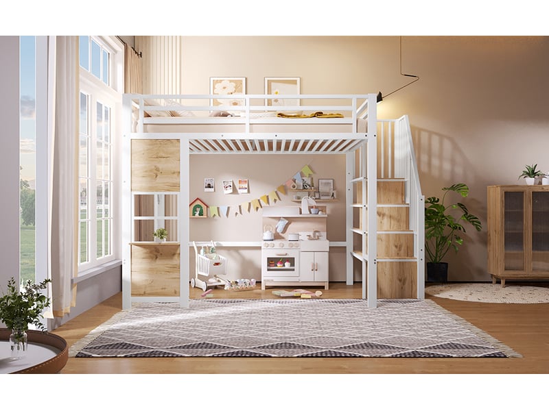  Lit mezzanine 140 × 200 cm, escalier-rangement, espace inférieur, garde-corps et sommier à lattes, métal et mdf, blanc  - Conforama B