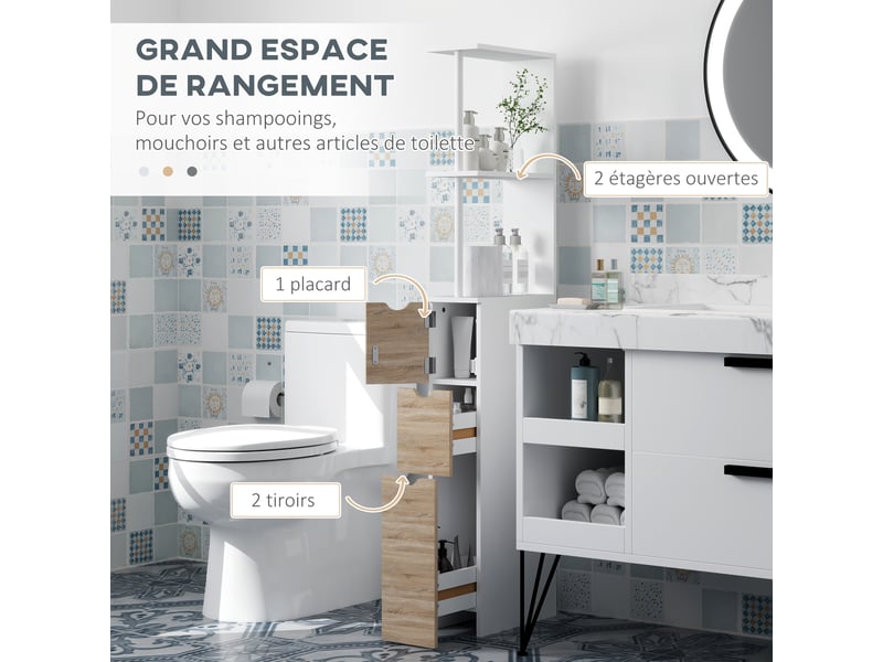  Meuble colonne salle de bain armoire de salle de bain avec tiroirs étagères ouvertes placard 15 x 33 x 136,8 cm blanc  - Conforama D