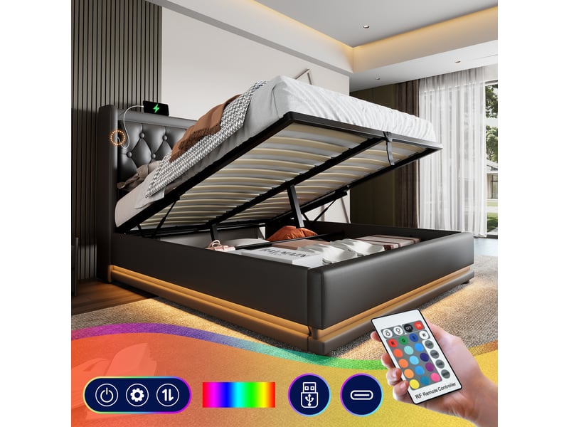  Lit double rembourré 160x200 cm avec matelas, cadre de lit avec tête de lit en pu, blanc, lit double led  - Conforama C