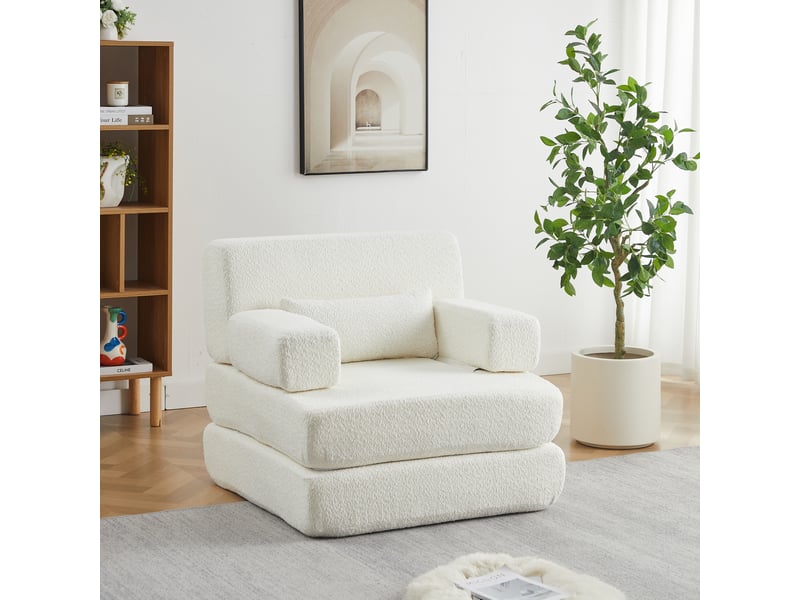 Canapé convertible 2-en-1 1 place 90 x 90 x 80 cm avec couchage pliant, dossier réglable et structure en fer, chenille, beige OMNIGLINT TRADING LTD - Conforama B
