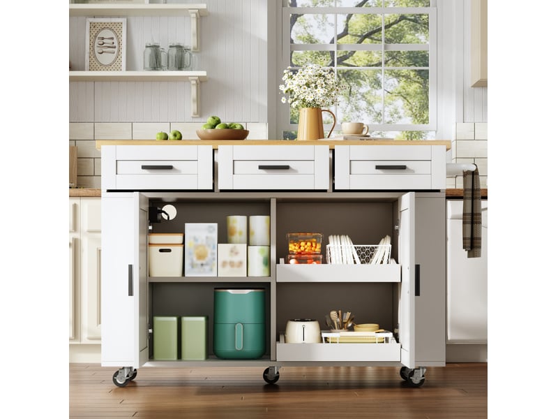  Îlot de cuisine mobile 120x45(70)x84 cm, plateau pliant, prises et ports usb, naturel blanc  - Conforama D