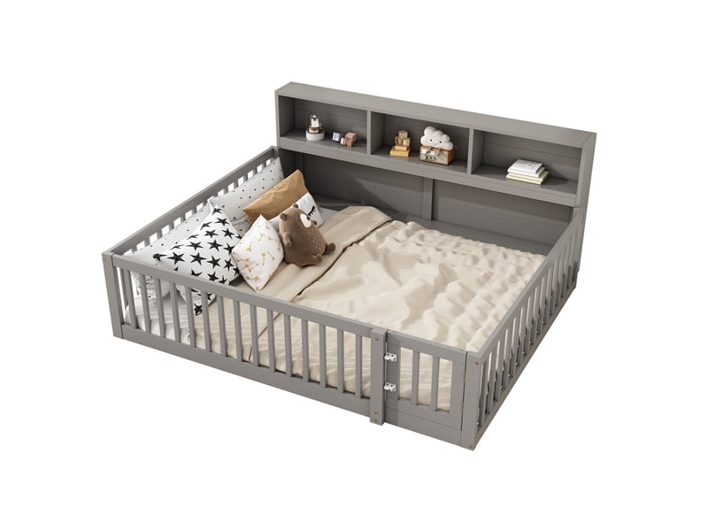  Lit de jour canapé-lit, 140 × 200 cm, gris, bois de pin, rangement intégré, sommier à lattes, sans matelas, garde-corps  - Conforama A