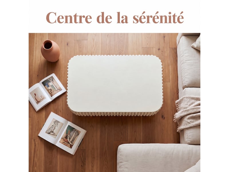  Table basse rectangulaire avec rangement caché muvano design cannelé vertical couleur crème 98 x 60 x 35 cm  - Conforama C