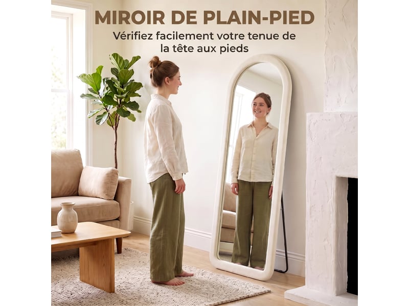  Miroir de sol arqué pleine longueur 160x60cm, grand miroir sur pied ou mural, verre trempé, cadre effet velours, crème  - Conforama E