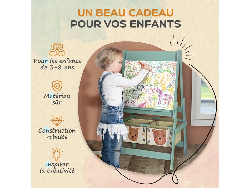 Tableau chevalet enfant ardoise double face tableau à craie rouleau papier 2 paniers vert 54 x 46,5 x 93 cm  - Conforama R