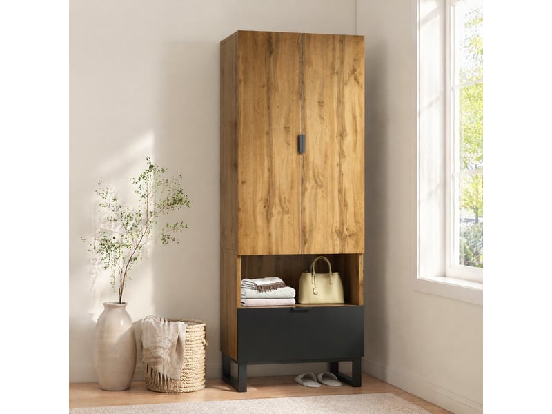 Armoire d’entrée avec penderie, étagères réglables et tiroir - lpospi - pieds métal, panneaux de particules, naturel - Conforama B