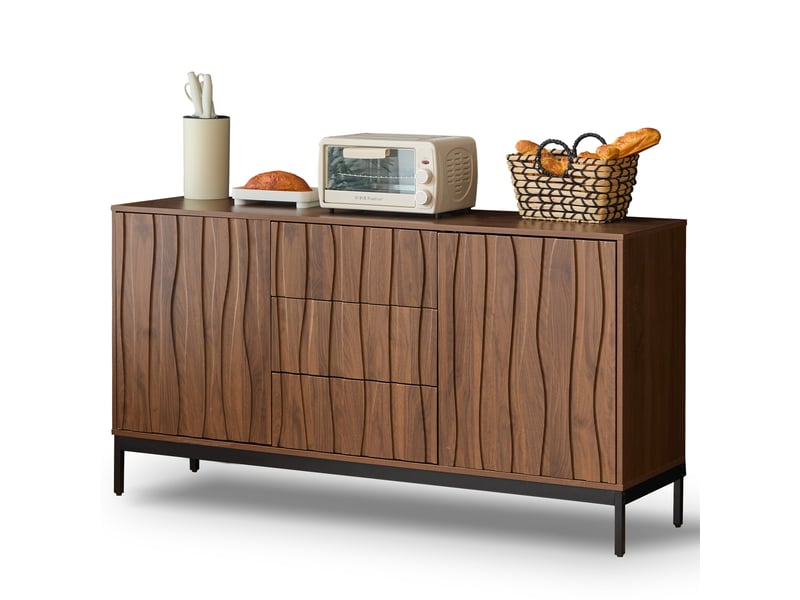  Buffet bas 150 x 40 x 80 cm, 3 tiroirs et étagères réglables, façades rainurées et pieds en métal, aspect chêne  - Conforama A
