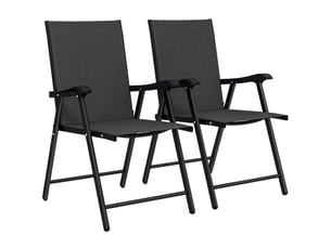 Lot de 2 chaises de jardin pliantes noires, dossier haut, accoudoirs, acier et textilène, 58x62x97 cm