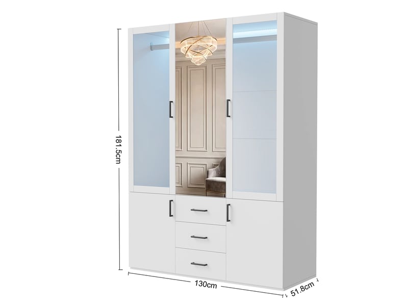 Armoire blanche 3 portes vitrées, miroir fixe central, 3 tiroirs, éclairage led, élégance et fonctionnalité  - Conforama C