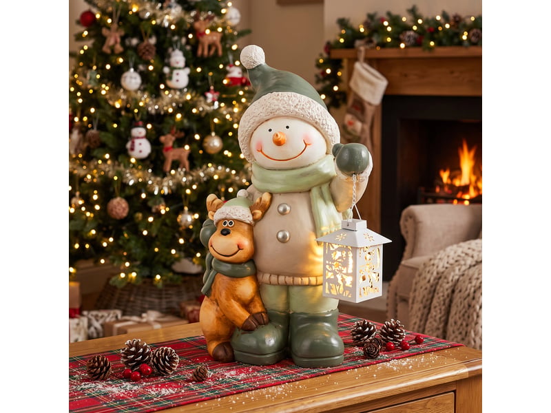  Bonhomme de neige en métal de 43 cm avec lanterne led et minuterie, pour entrée et porte.  - Conforama D