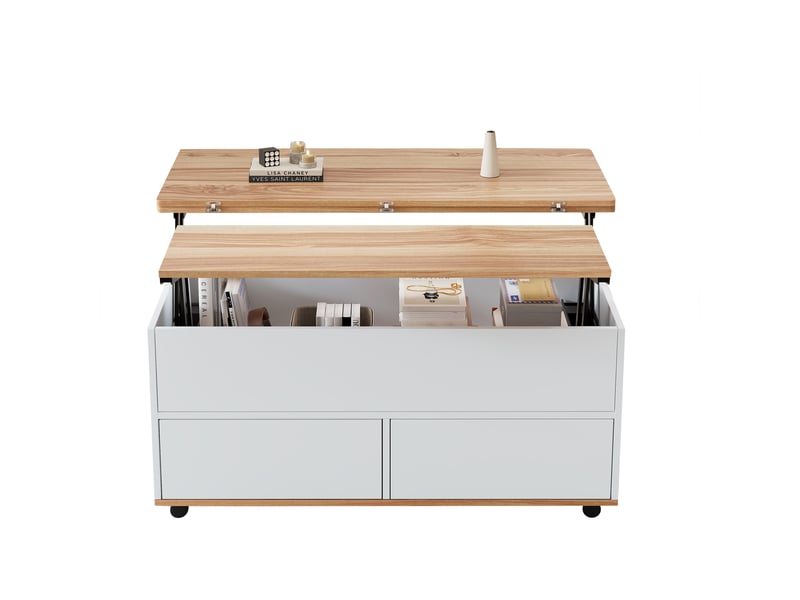  Table basse 100 x 98 x 65 cm, réglable en hauteur, avec rangement dissimulé et étagère, table de salon à roulettes et tiroirs, table à manger multifonctionnelle avec grand espace de rangement, blanc et bois naturel  - Conforama A