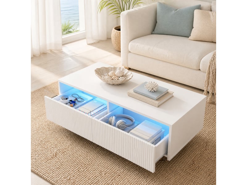  Table basse blanche avec 2 tiroirs et éclairage led multicolore  - Conforama C